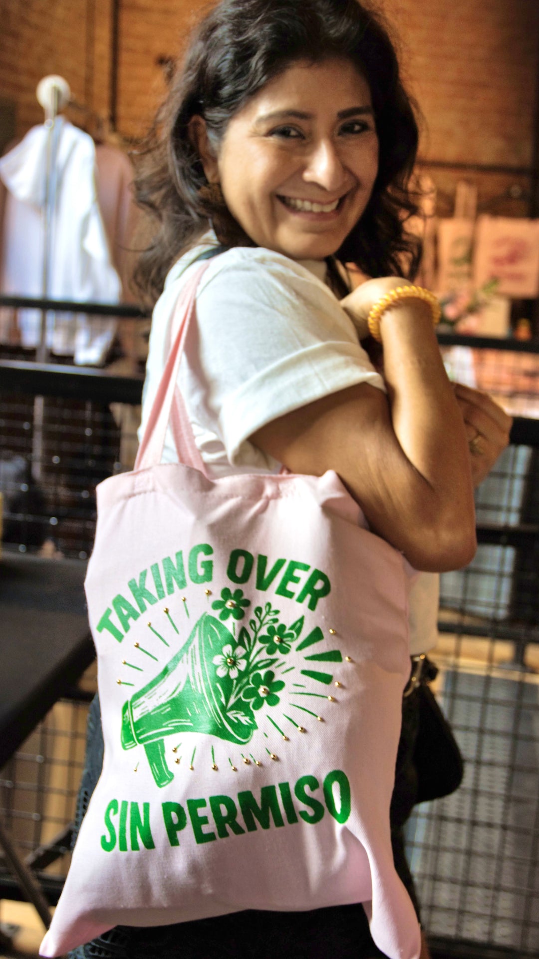 Sin Permiso Tote Bag - Green on Pink
