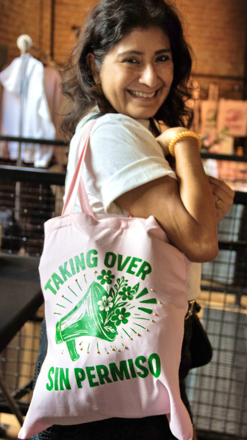 Sin Permiso Tote Bag - Green on Pink